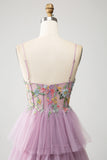 Mauve A-Line Spaghetti Straps Tulle Corset Tiered Prom Dress With Appliques