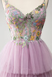Mauve A-Line Spaghetti Straps Tulle Corset Tiered Prom Dress With Appliques