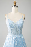 Sky Blue A Line Spaghetti Straps Corset Tulle Prom Dress With Appliques
