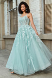 Mint A-Line Glitter Front Slit Tulle Lace Prom Dress With Appliques