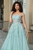 Mint A-Line Glitter Front Slit Tulle Lace Prom Dress With Appliques
