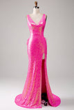 Sparkly Hot Pink Mermaid V-Neck Long Prom Dress with Front Slit