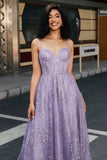 Sparkly Lilac A-Line Spaghetti Straps Long Corset Prom Dress with Sequins