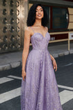 Sparkly Lilac A-Line Spaghetti Straps Long Corset Prom Dress with Sequins