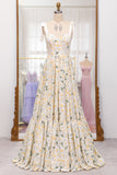 Ivory Flower A-Line Spaghetti Straps Print Pleated Long Prom Dress