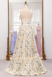 Ivory Flower A-Line Spaghetti Straps Print Pleated Long Prom Dress