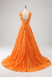 Orange A-Line Spaghetti Straps Corset Applique Prom Dress With Slit