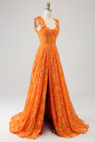 Orange A-Line Spaghetti Straps Corset Applique Prom Dress With Slit