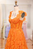 Orange A-Line Spaghetti Straps Applique Corset Long Prom Dress With Slit