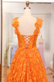 Orange A-Line Spaghetti Straps Applique Corset Long Prom Dress With Slit