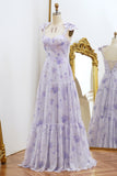 Lilac A-Line Spaghetti Straps Floral Print Lace Up Floor Length Prom Dress