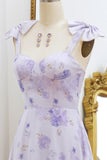Lilac A-Line Spaghetti Straps Floral Print Lace Up Floor Length Prom Dress