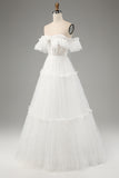 Princess A-Line Off The Shoulder Tiered Long Ivory Wedding Dress
