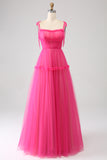 Princess A-Line Spaghetti Straps Hot Pink Tulle Long Prom Dress