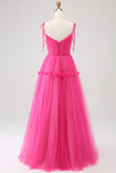 Princess A-Line Spaghetti Straps Hot Pink Tulle Long Prom Dress
