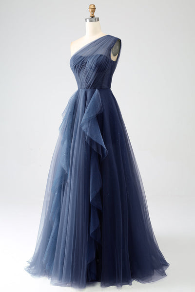 Elegant Navy Ruffled A Line Sweetheart Formal Dress with Slit