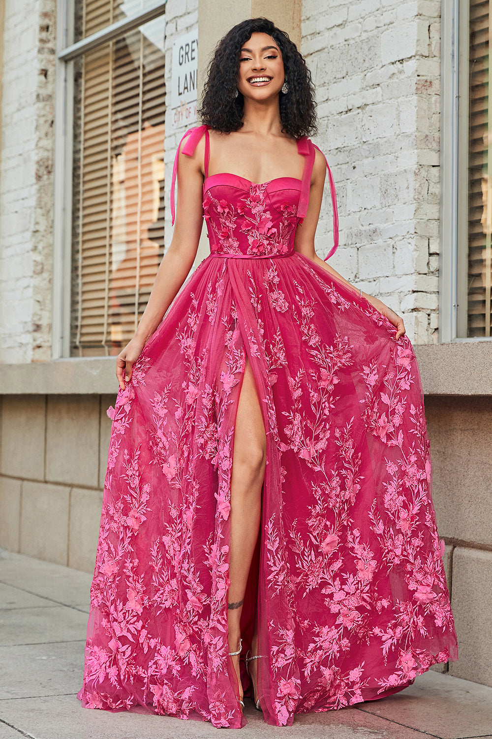Fuchsia A-Line Spaghetti Straps Split Prom Dress with 3D Appliques