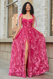 Fuchsia A-Line Spaghetti Straps Split Prom Dress with 3D Appliques