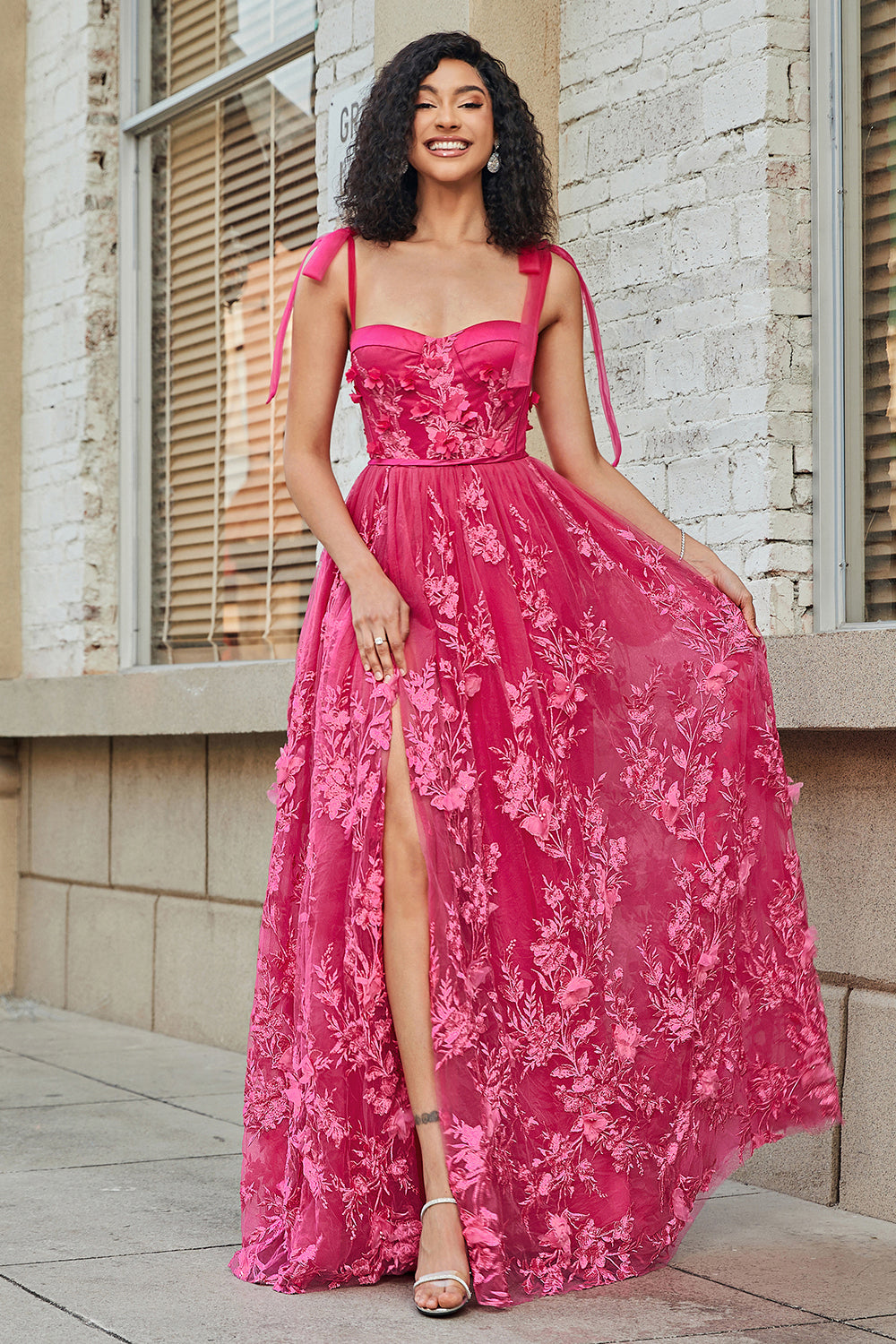 Fuchsia A-Line Spaghetti Straps Split Prom Dress with 3D Appliques