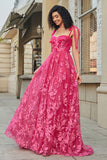 Fuchsia A-Line Spaghetti Straps Split Prom Dress with 3D Appliques