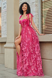 Fuchsia A-Line Spaghetti Straps Split Prom Dress with 3D Appliques