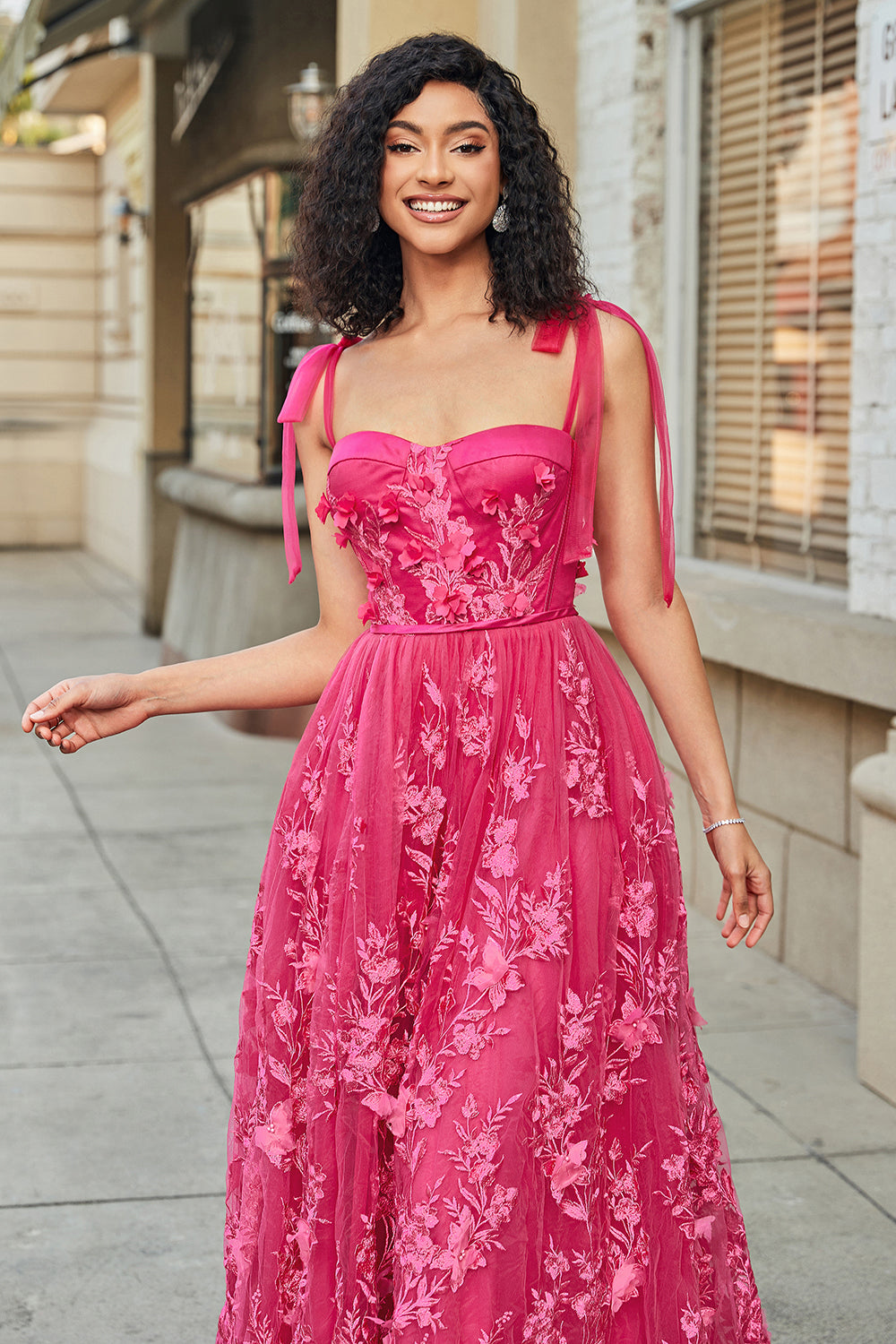 Fuchsia A-Line Spaghetti Straps Split Prom Dress with 3D Appliques