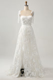 Ivory A-Line Spaghetti Straps Tulle Corset Tiered Long Wedding Dress With Appliques