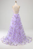 Lilac A Line Spaghetti Straps 3D Appliques Lace-up Long Prom Dress With Slit