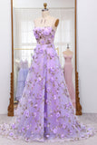 Lilac A Line Spaghetti Straps Lace-up Prom Dress With 3D Appliques