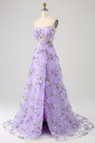 Lilac A Line Spaghetti Straps 3D Appliques Lace-up Long Prom Dress With Slit