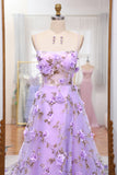 Lilac A Line Spaghetti Straps Lace-up Prom Dress With 3D Appliques