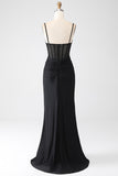 Mermaid Spaghetti Straps Pleated Long Black Prom Dress with Beading