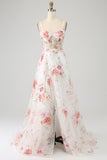 Elegant Sparkly Ivory Flower A Line Sequin Corset Prom Dress With Slit