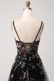 Black Flower A-Line Spaghetti Straps Sequins Long Corset Prom Dress With Slit