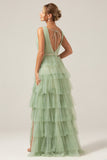 Grey Green Tulle A-Line V Neck Tiered Maxi Dress With Slit