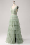 Grey Green A-Line V Neck Tiered Floor Length Tulle Maxi Dress With Slit