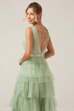 Grey Green Tulle A-Line V Neck Tiered Maxi Dress With Slit