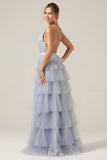 Dusty Blue A-Line Spaghetti Straps Tiered Long Tulle Maxi Dress