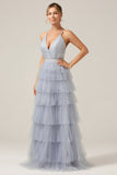 Dusty Blue A-Line Spaghetti Straps Tiered Long Tulle Maxi Dress