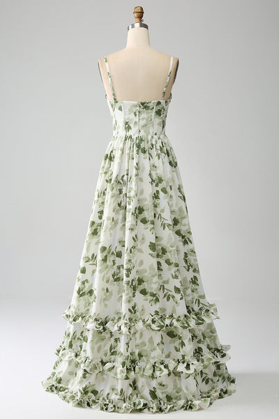 Wedtrend Women Green Bridesmaid Dress A-Line Spaghetti Straps Printed Long Wedding Party Dress With Slit, Green / US22W