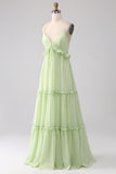 Light Green A-Line Spaghetti Straps Backless Long Bridesmaid Dress With Ruffles