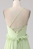 Light Green A-Line Spaghetti Straps Backless Long Bridesmaid Dress With Ruffles