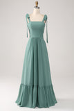 Eucalyptus A-Line Spaghetti Straps Pleated Floor Length Bridesmaid Dress