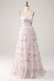 Lavender Flower A-Line Spaghetti Straps Cut Out Pleated Tiered Long Prom Dress
