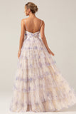 Lavender Flower A-Line Spaghetti Straps Cut Out Pleated Tiered Maxi Dress