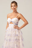 Lavender Flower A-Line Spaghetti Straps Cut Out Pleated Tiered Maxi Dress