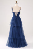Navy A Line Spaghetti Straps Tulle Pleated Floor Length Bridesmaid Dress With Slit