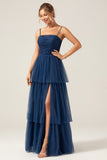 Navy A Line Spaghetti Straps Tulle Pleated Long Bridesmaid Dress With Slit