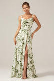 Green Printed A-Line Cowl Neck Long Bridesmaid Dress With Slit