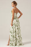 Green Printed A-Line Cowl Neck Long Bridesmaid Dress With Slit